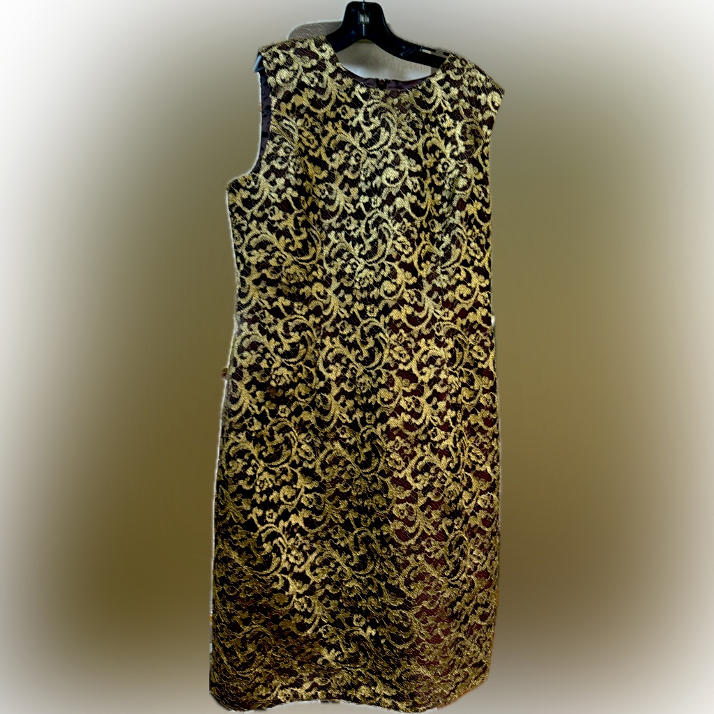 Carmen Marc Volvo Elegant Brown And Gold Lace Dress, Sleeveless, Midi Size 12